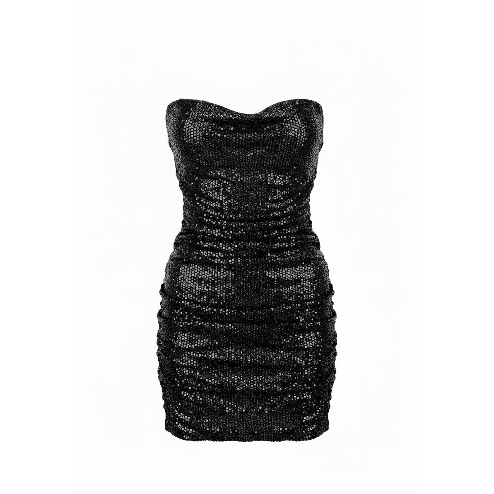 NWT Express Womens Strapless Ruched Bodycon Mini Dress Black Silver Size M